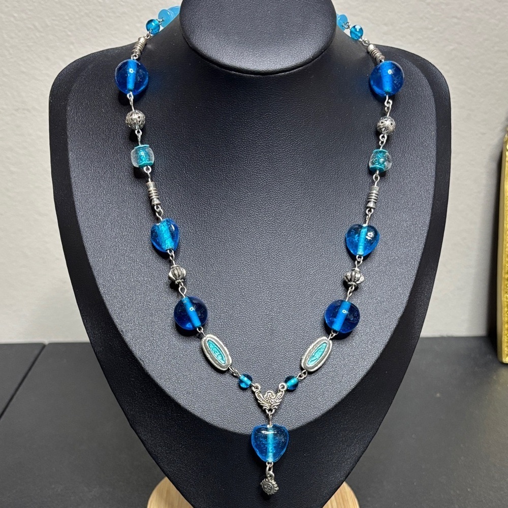 Vintage Blue Glass Silver Tone Y Necklace